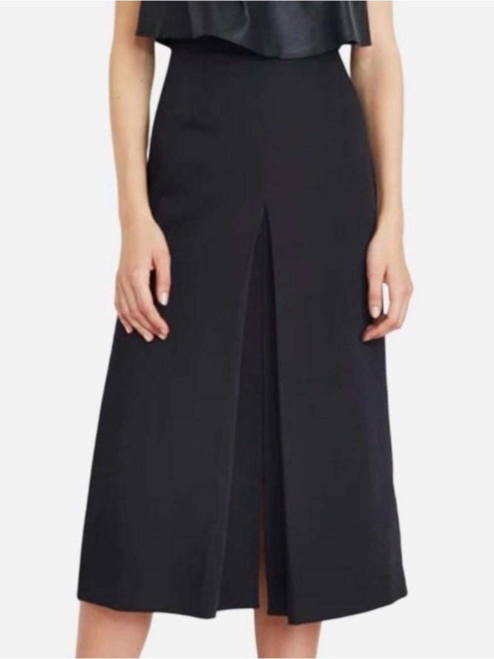 A Piece Apart Classic Black Linen Midi Skirt with Front Pleat
